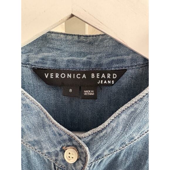 VERONICA BEARD DALTON GATHERED PUFF SLEEVE BUTTON FRONT DENIM TOP SIZE 8 - Picture 2 of 4